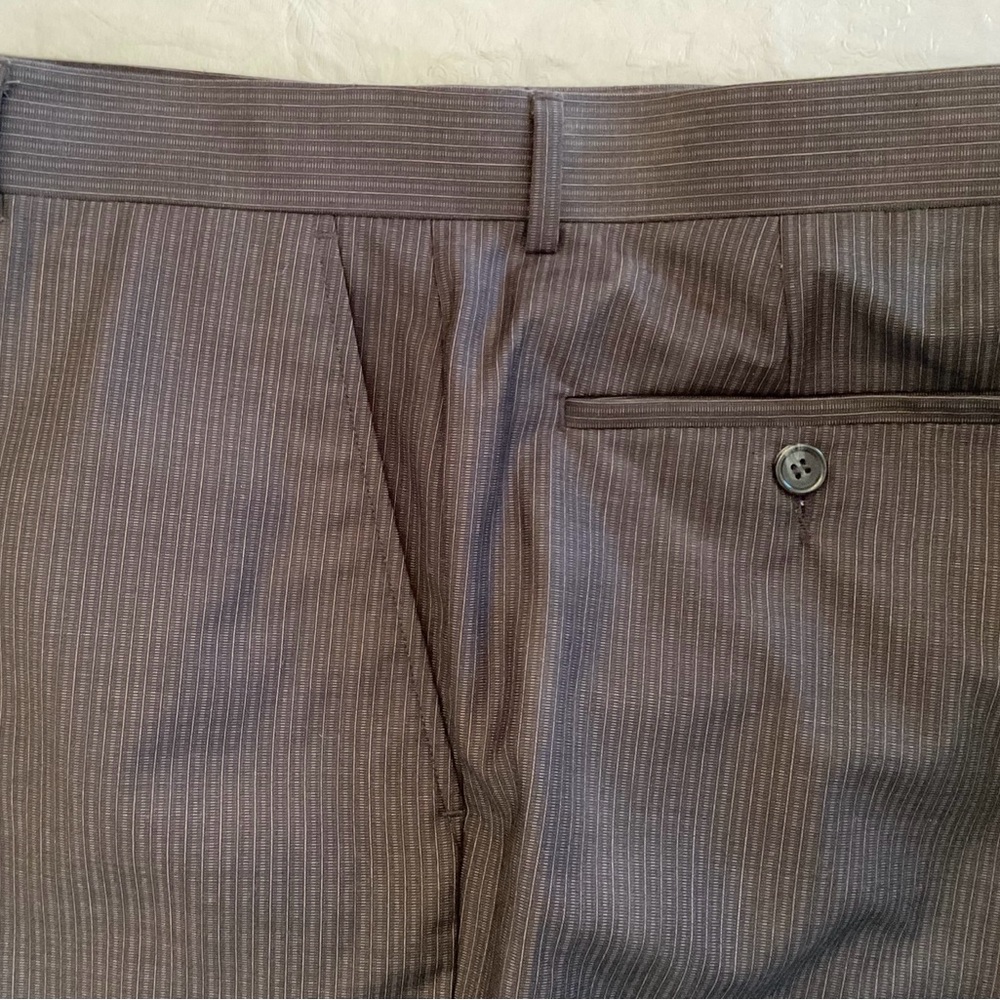 Men's Pinstripe Dress Pants in charcoal grey with light grey pinstripe.